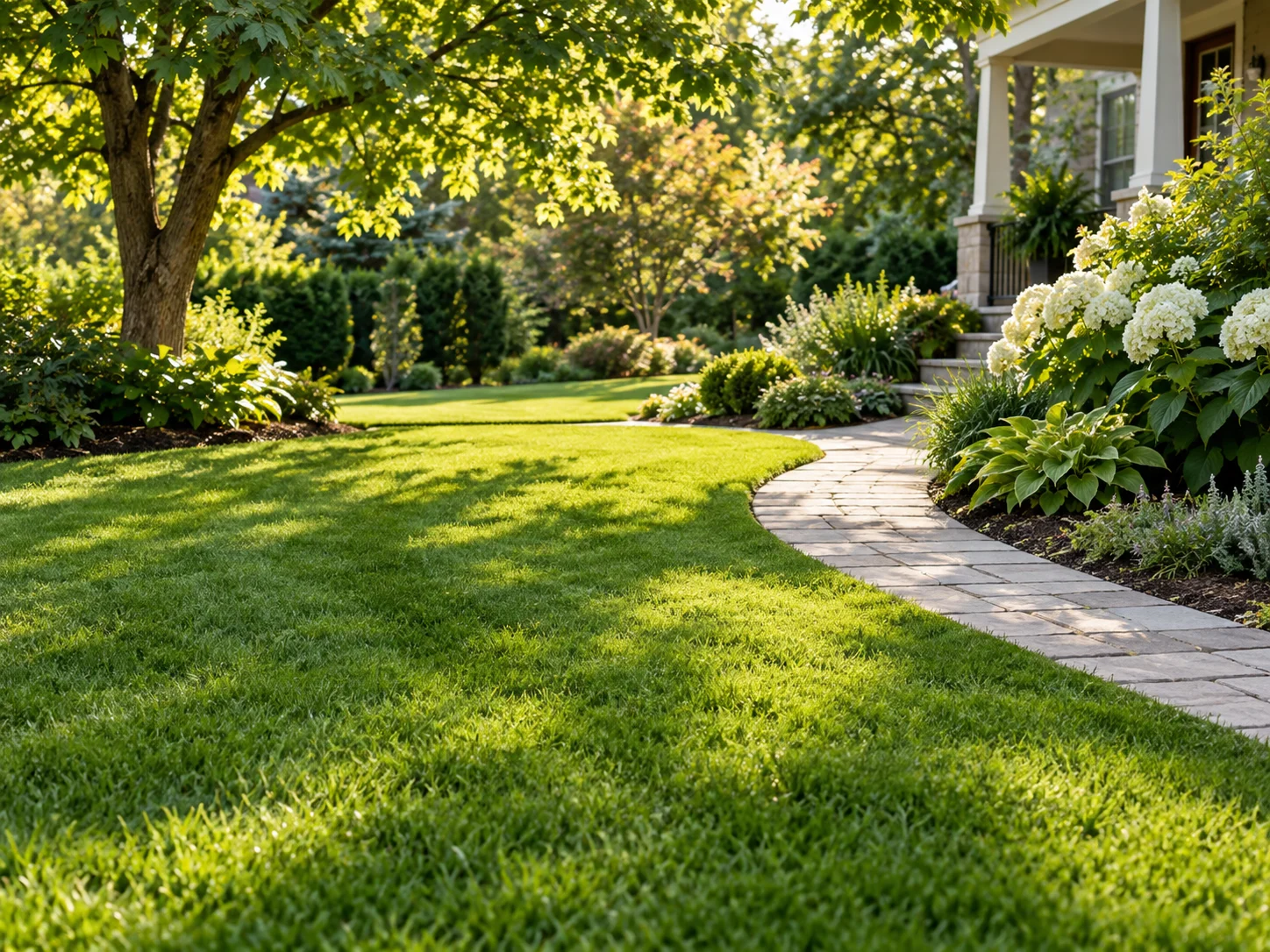 A sunlit green lawn with a neatly edged stone walkway and a leafy front garden.