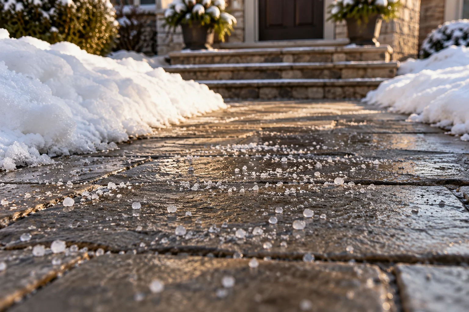De-icing salt scattered on a stone pedestrian walkway beside snowbanks.
